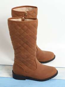 Girls Quilted Detail Side Zip Combat Boots - Brown - View 3