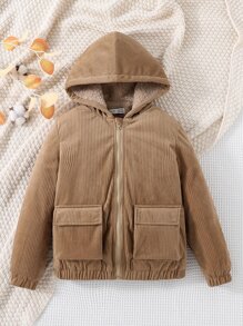 Girls Flap Pocket Zip Up Hooded Corduroy Jacket - Camel - View 6
