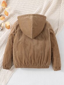 Girls Flap Pocket Zip Up Hooded Corduroy Jacket - Camel - View 2