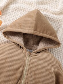 Girls Flap Pocket Zip Up Hooded Corduroy Jacket - Camel - View 5