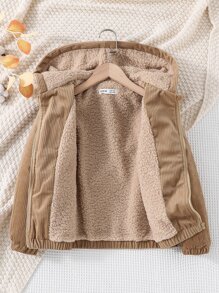 Girls Flap Pocket Zip Up Hooded Corduroy Jacket - Camel - View 1