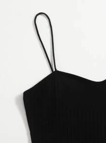 SHEIN EZwear 羅紋針織素色包臀洋裝 - 黑色 - 查看 4