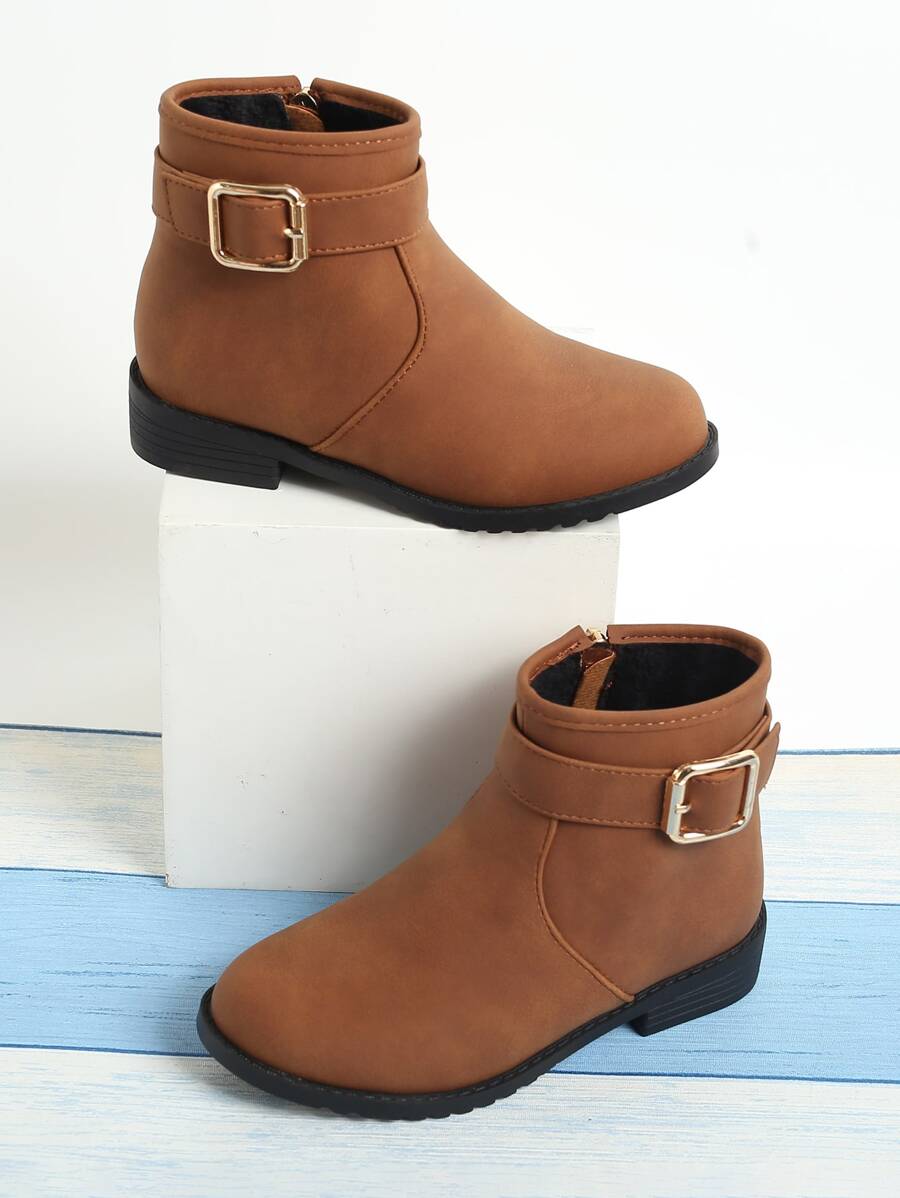 Girls Buckle Decor Zip Side Combat Boots - Brown - View 1