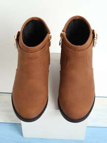 Girls Buckle Decor Zip Side Combat Boots - Brown - View 2