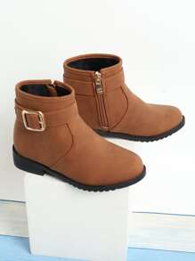 Girls Buckle Decor Zip Side Combat Boots - Brown - View 3