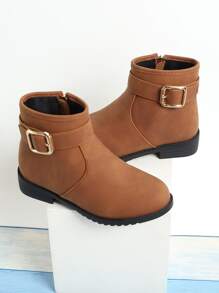 Girls Buckle Decor Zip Side Combat Boots - Brown - View 5
