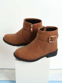 Girls Buckle Decor Zip Side Combat Boots - Brown - View 6