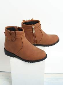 Dziewczęce zimowe buty dziecięce z motylkowym węzłem Dziewczęce buty dziecięce Buty dziecięce z bocznym zamkiem Jasnobrązowe buty