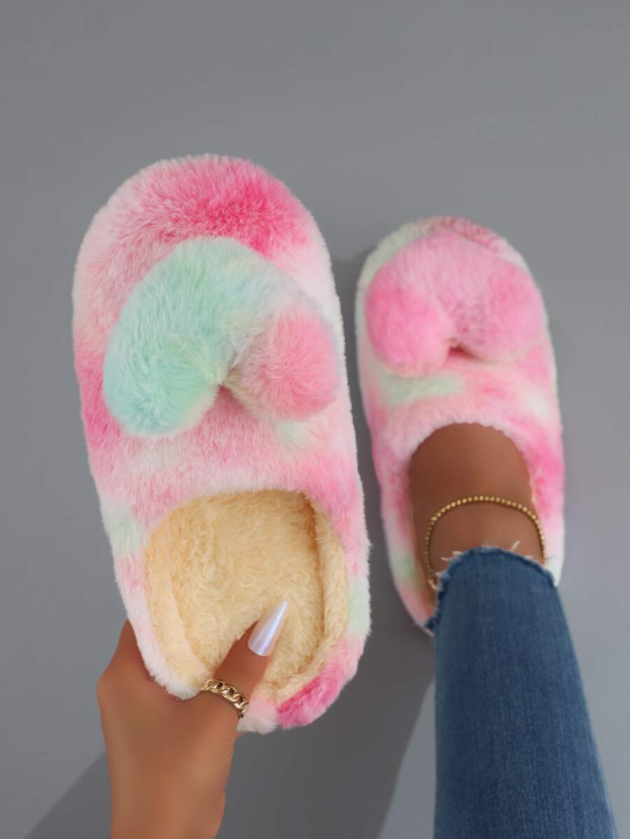 紮染愛心裝飾毛絨臥室拖鞋 - 彩色 - 查看 1