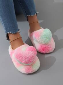 紮染愛心裝飾毛絨臥室拖鞋 - 彩色 - 查看 4