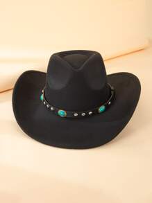 波西米亚风绿松石和铆钉装饰软呢帽牛仔帽 - 黑色 - 查看 4