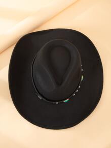 波西米亚风绿松石和铆钉装饰软呢帽牛仔帽 - 黑色 - 查看 5