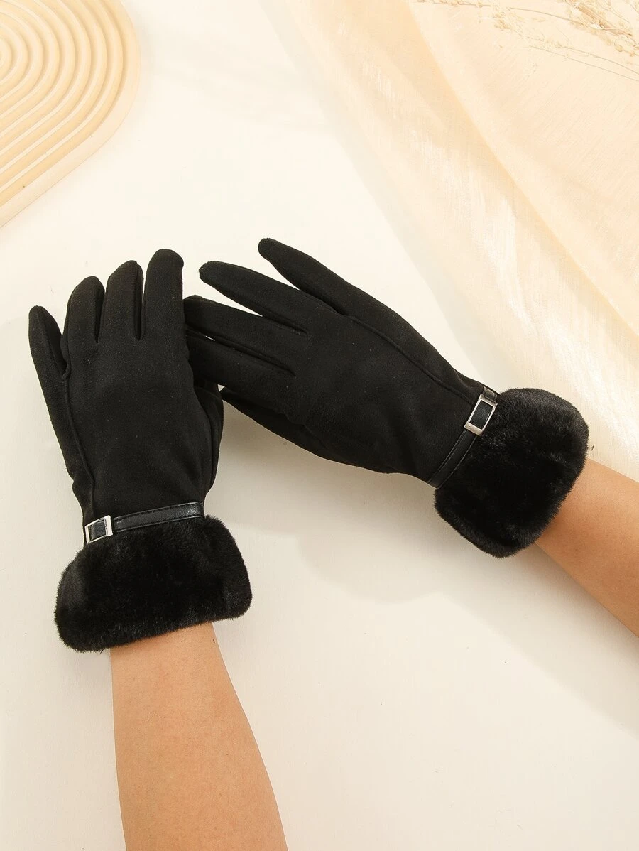 Buckle Decor Fuzzy Gloves - Black - View 1