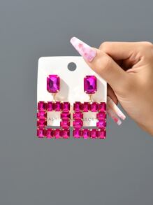 Bông tai thả hình vuông Rhinestone - Màu Hồng Tươi - Xem 3