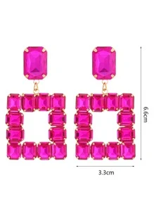 Bông tai thả hình vuông Rhinestone - Màu Hồng Tươi - Xem 4
