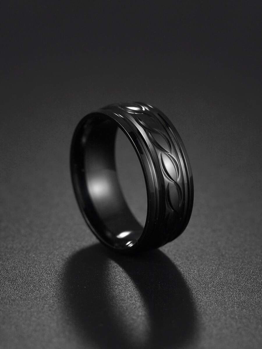 Men Minimalist Textured Ring - Black - View 1