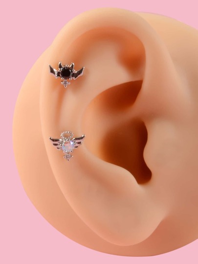 2pcs Rhinestone & Wing Decor Stud Earring