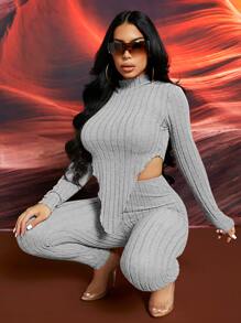 SHEIN SXY Solid Rib-knit Asymmetrical Hem Tee and Leggings Set - Light Grey - View 1