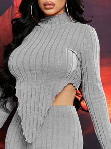 SHEIN SXY Solid Rib-knit Asymmetrical Hem Tee and Leggings Set - Light Grey - View 3