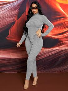SHEIN SXY Solid Rib-knit Asymmetrical Hem Tee and Leggings Set - Light Grey - View 4