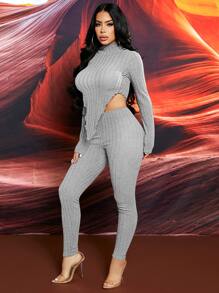 SHEIN SXY Solid Rib-knit Asymmetrical Hem Tee and Leggings Set - Light Grey - View 5