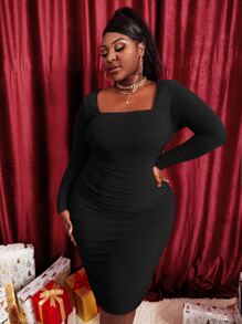 Slaydiva Plus Square Neck Ruched Bodycon Dress - Black - View 1
