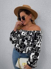 SHEIN Clasi Plus Geo Print Off Shoulder Blouse