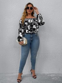 SHEIN Clasi Plus Geo Print Off Shoulder Blouse