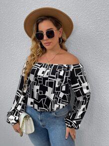 SHEIN Clasi Plus Geo Print Off Shoulder Blouse