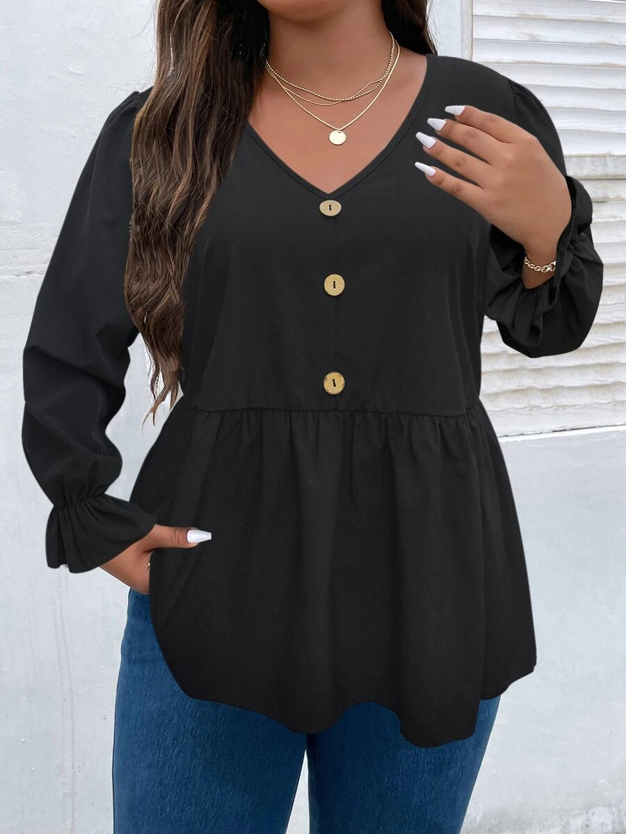 SHEIN LUNE Áo sơ mi Plus Size Xù Viên lá sen Nút phía trước màu trơn Giải trí - màu đen - Xem 1