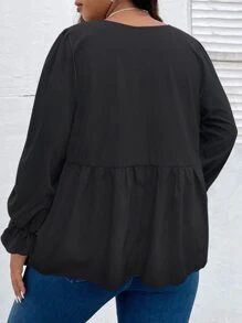SHEIN LUNE Áo sơ mi Plus Size Xù Viên lá sen Nút phía trước màu trơn Giải trí - màu đen - Xem 2