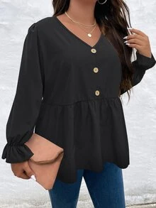 SHEIN LUNE Áo sơ mi Plus Size Xù Viên lá sen Nút phía trước màu trơn Giải trí - màu đen - Xem 3