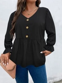 SHEIN LUNE Áo sơ mi Plus Size Xù Viên lá sen Nút phía trước màu trơn Giải trí - màu đen - Xem 4