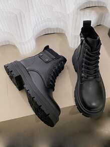 側拉鏈前綁帶馬丁靴 - 黑色 - 查看 1