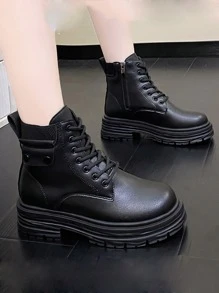 側拉鏈前綁帶馬丁靴 - 黑色 - 查看 2