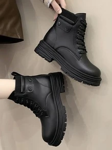 側拉鏈前綁帶馬丁靴 - 黑色 - 查看 3