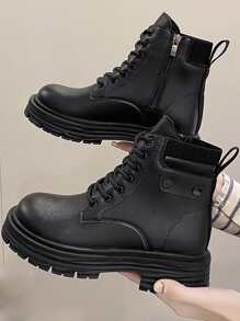 側拉鏈前綁帶馬丁靴 - 黑色 - 查看 4