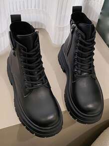 側拉鏈前綁帶馬丁靴 - 黑色 - 查看 5