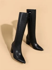Fall/Winter Zip Side Chunky Heeled Classic Boots, Elegant Chunky Heel Black Plain Fashionable Women's Boots - Black - View 3