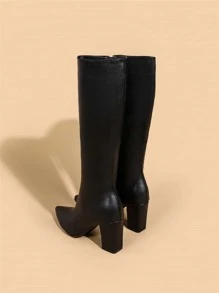 Fall/Winter Zip Side Chunky Heeled Classic Boots, Elegant Chunky Heel Black Plain Fashionable Women's Boots - Black - View 4