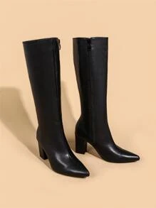 Fall/Winter Zip Side Chunky Heeled Classic Boots, Elegant Chunky Heel Black Plain Fashionable Women's Boots - Black - View 7