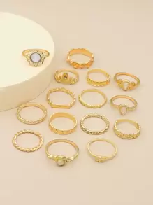 15入組蝴蝶和水滴裝飾戒指 - 金黃色 - 查看 2