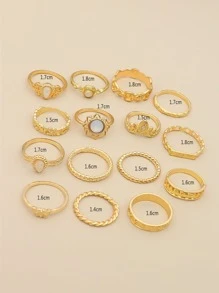 15入組蝴蝶和水滴裝飾戒指 - 金黃色 - 查看 3