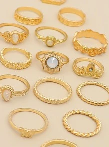 15入組蝴蝶和水滴裝飾戒指 - 金黃色 - 查看 4