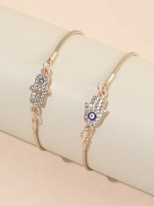 2pcs/set European & American Style Alloy Evil Eye Hamsa Hand With Rhinestone Decoration Snake Chain Bracelet For Women Daily Wear - Yellow Gold - View 2