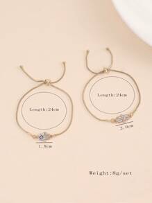 2pcs/set European & American Style Alloy Evil Eye Hamsa Hand With Rhinestone Decoration Snake Chain Bracelet For Women Daily Wear - Yellow Gold - View 3