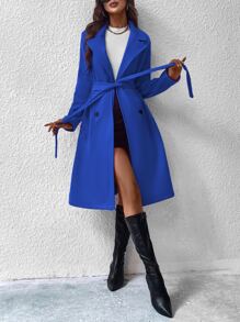 SHEIN Privé Lapel Neck Double Breasted Belted Coat - Blue - View 3