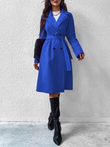 SHEIN Privé Lapel Neck Double Breasted Belted Coat - Blue - View 4
