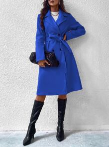 SHEIN Privé Lapel Neck Double Breasted Belted Coat - Blue - View 6