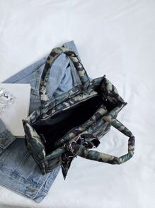 蝴蝶結裝飾迷彩印花twilly絲巾裝飾格紋手提包 - 彩色 - 查看 6